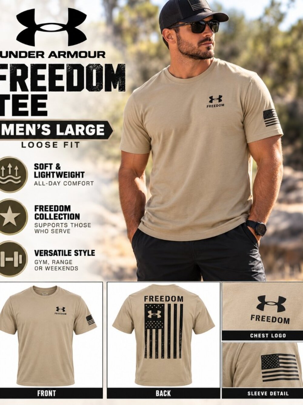 Under Armour Men's Freedom Flag Tee Large Tan Loose Fit Graphic T Shirt